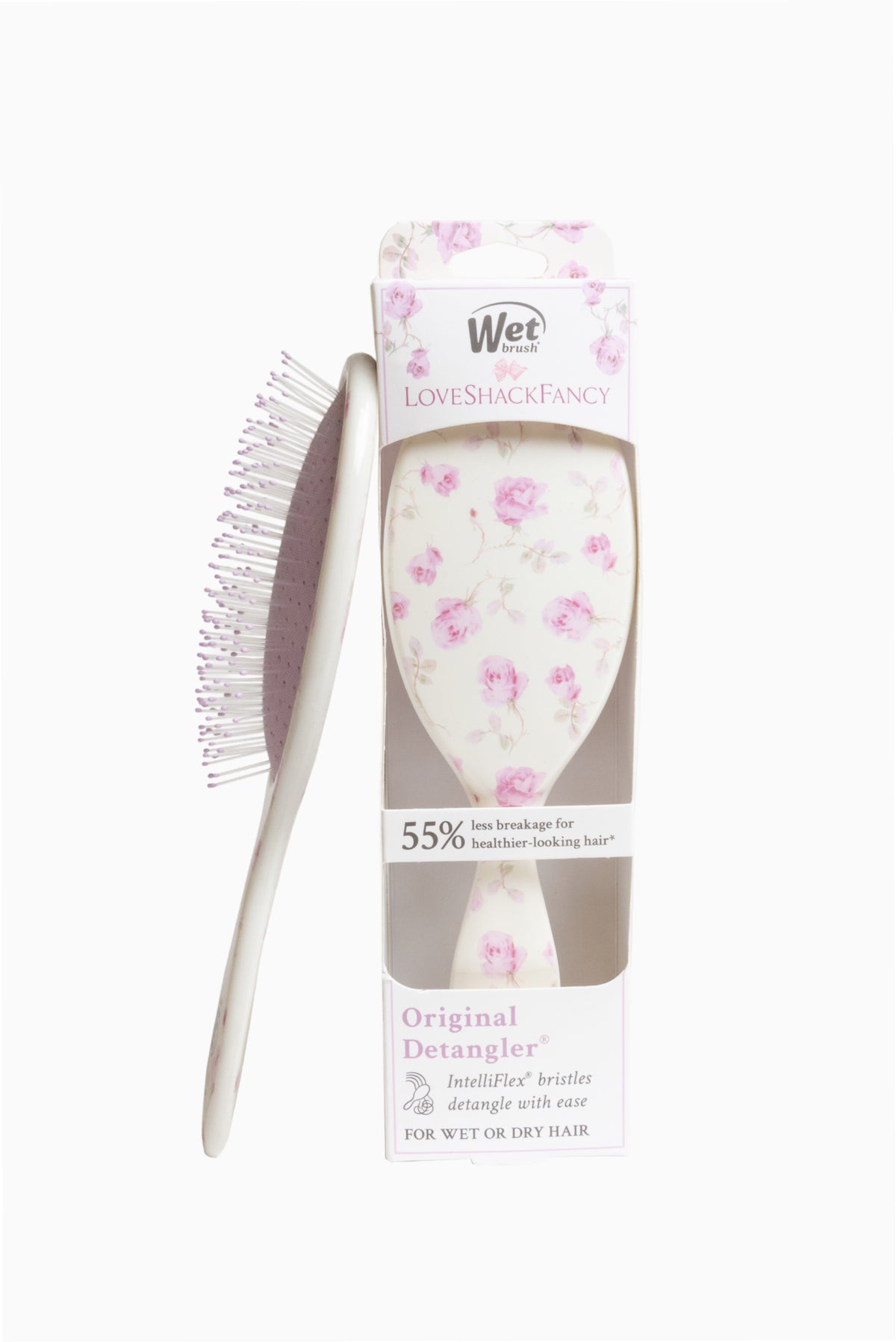Ribbon Rosa Original Detangler hair brush with pink floral bristle head and white handle