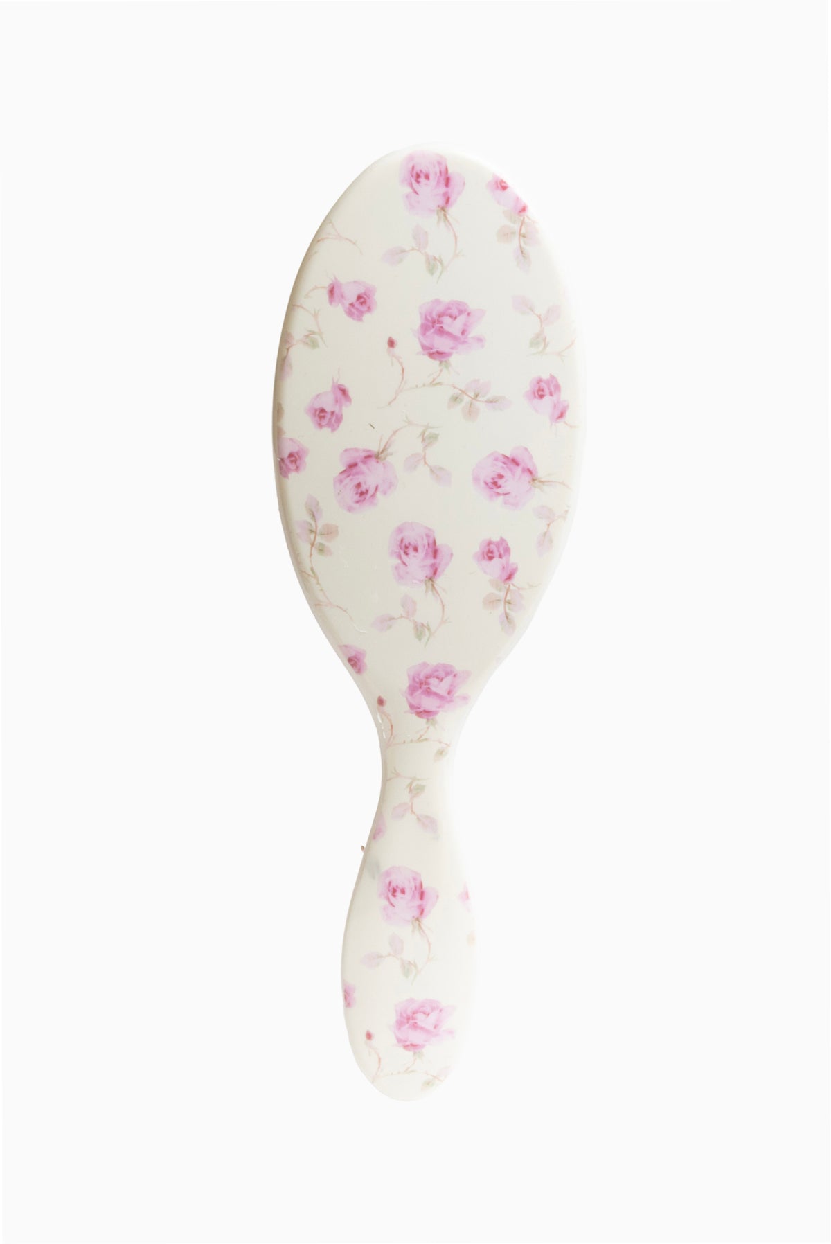 Ribbon Rosa hair detangling brush, white oval pad with pink rose pattern handle
