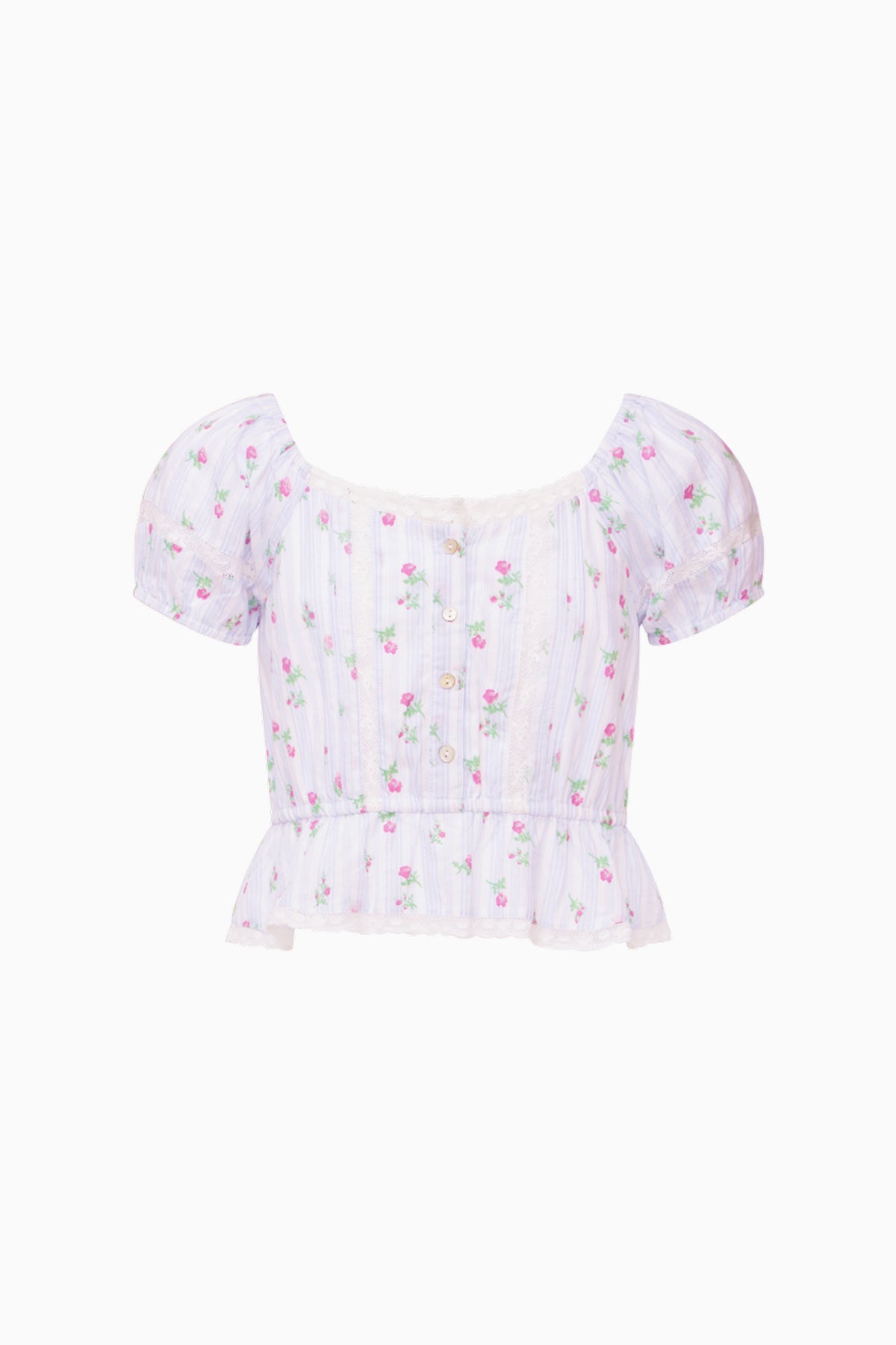 Girls floral striped puff-sleeve top with tiered ruffles and smocked waist