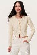 Pale yellow embroidered floral cardigan with button front, round neck, long sleeves