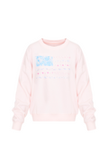 Pink fleece pullover with crew neck and multicolor graphic stripe print, long sleeves