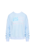 Light blue fleece pullover with crew neck and multicolor graphic stripe print, long sleeves