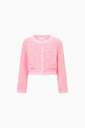 Girls pink tweed cropped jacket with pearl buttons and bow chest details
