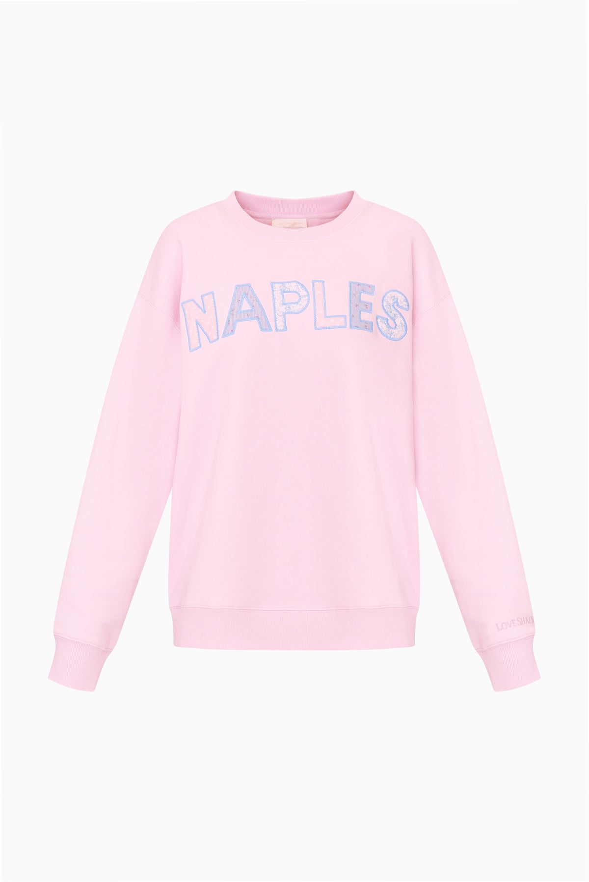 Palo Location pullover in pale pink with 'NAPLES' graphic on crewneck
