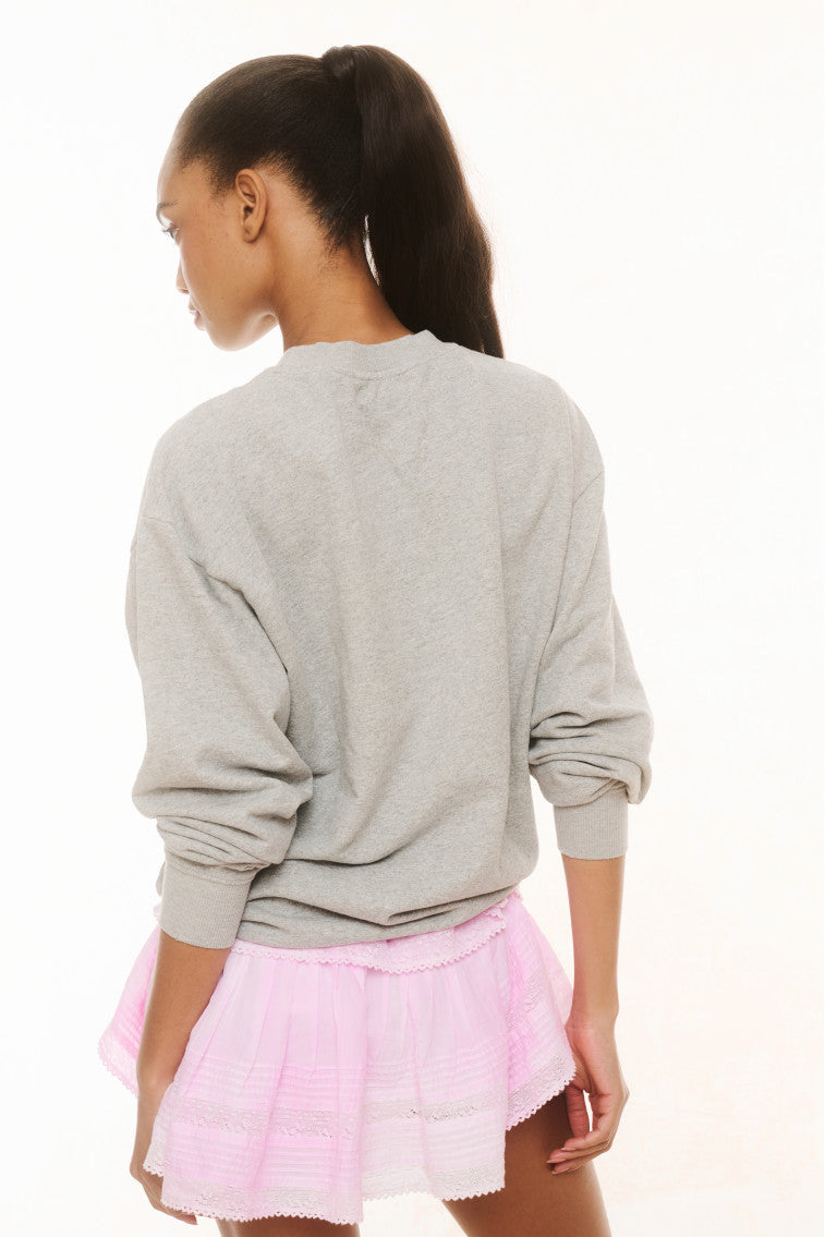 Gray pullover sweatshirt, back view, with ribbed cuffs