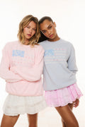 Pair of fleece pullovers: pink and light blue, crew necks with multicolor stripe graphics