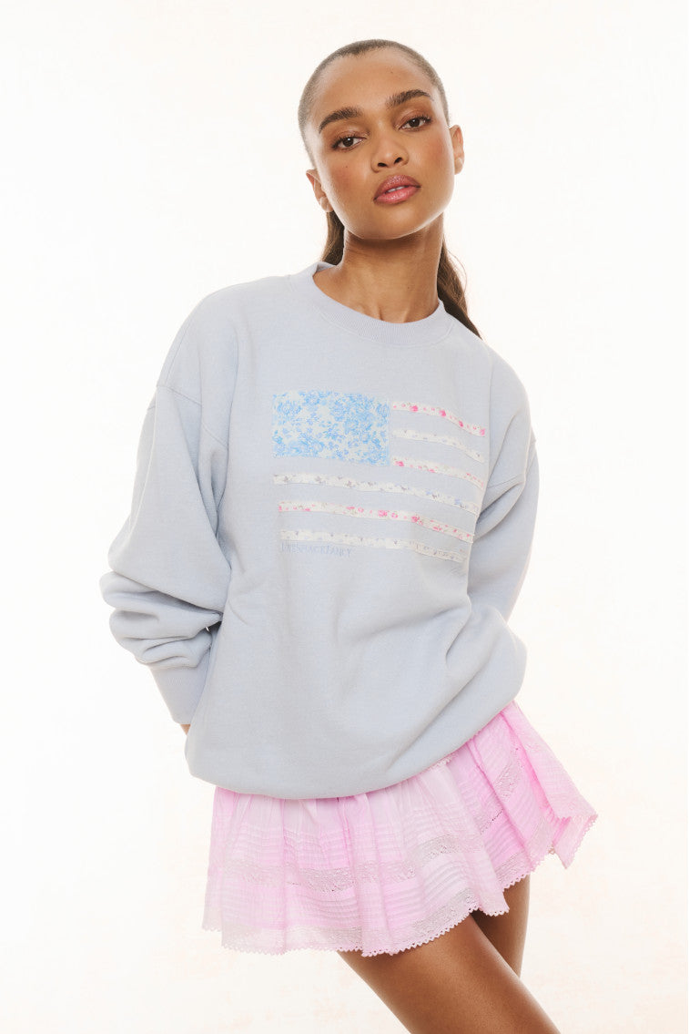 Light blue fleece pullover with multicolor stripe graphic, crew neck, long sleeves