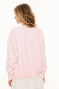 Pink fleece pullover shown from the back, crew neck, long sleeves