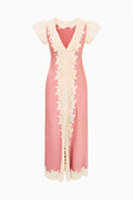 Pink satin midi dress with cream lace V-neck center panel and cap sleeves