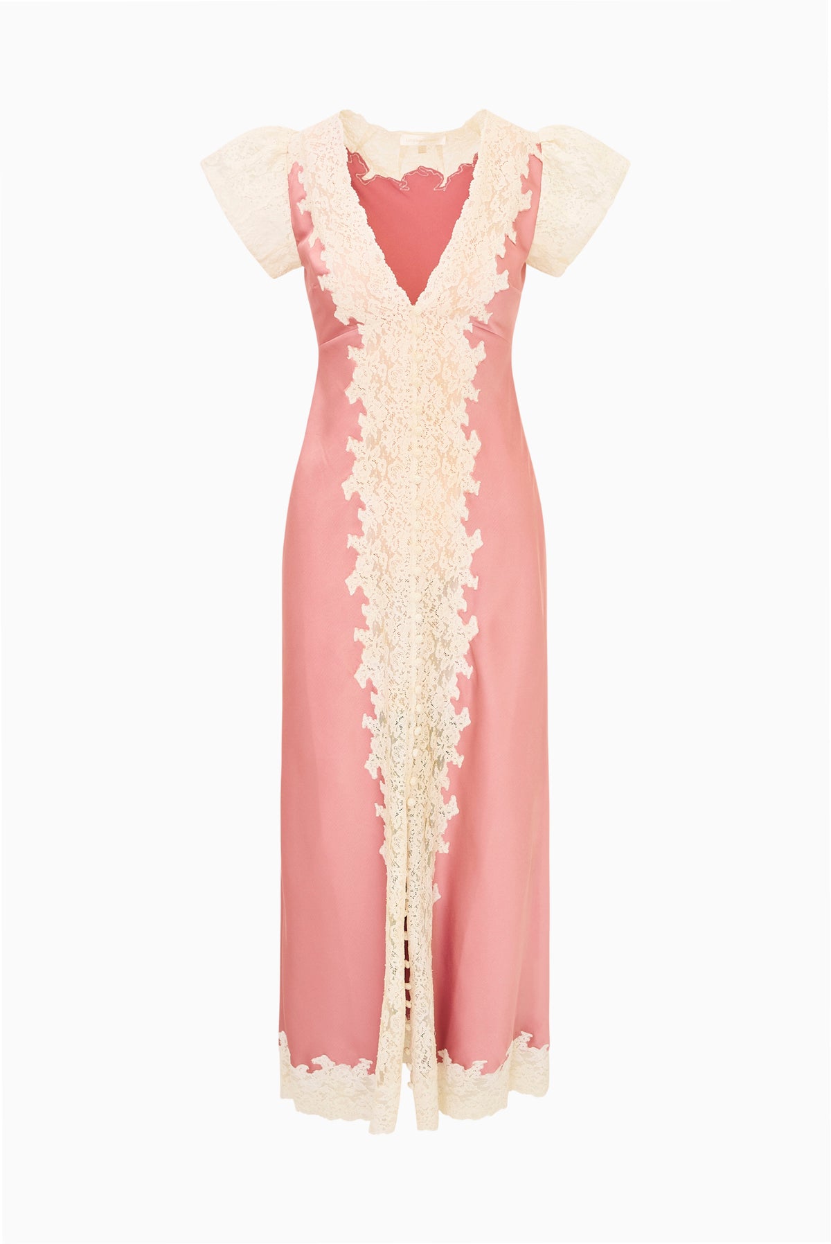 Pink satin midi dress with cream lace V-neck center panel and cap sleeves