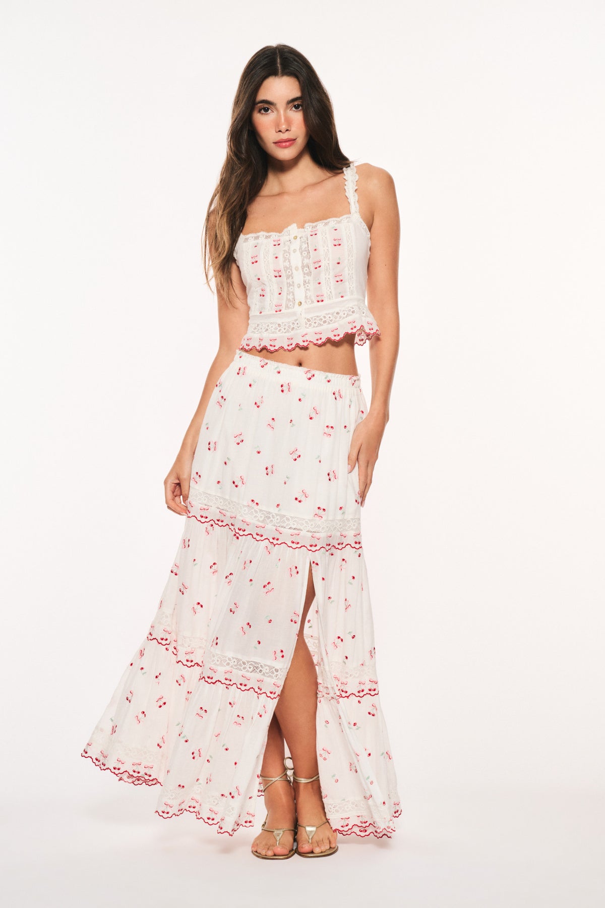 Optic white cotton maxi skirt with red cherry print and layered ruffle trim
