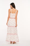 Optic white cotton maxi skirt back view with red cherry print and ruffled tiers
