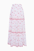 Optic white cotton maxi skirt with red cherry print and ruffled layered tiers (back)