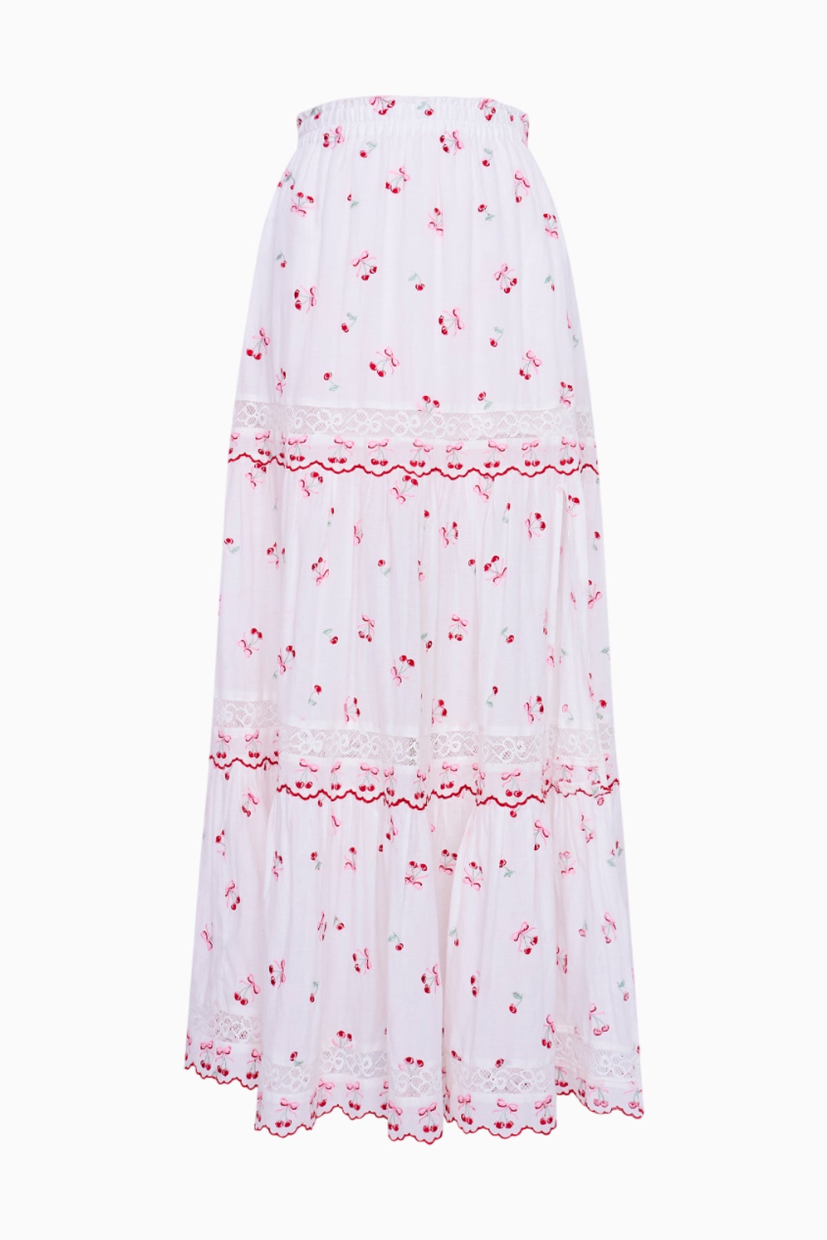 Optic white cotton maxi skirt with red cherry print and ruffled layered tiers (back)