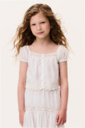 Ivory girls cotton lace top close-up with square neckline, puff sleeves, front buttons