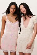Coral pink embroidered butterfly mini dress with spaghetti straps, lace trim, tie waist (two views)