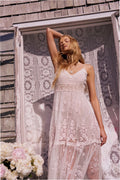 Ivory embroidered tulle maxi dress with lace bodice and tiered skirt