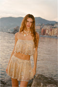 Sunlit sand beaded sequin mini skirt with floral bead motifs and layered ruffle hem