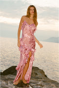 Dusty rose ruffle maxi dress with thin straps and tiered ruffle front