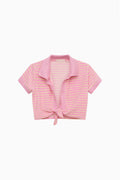 Pink striped cropped terry polo with collar and short sleeves, front tie