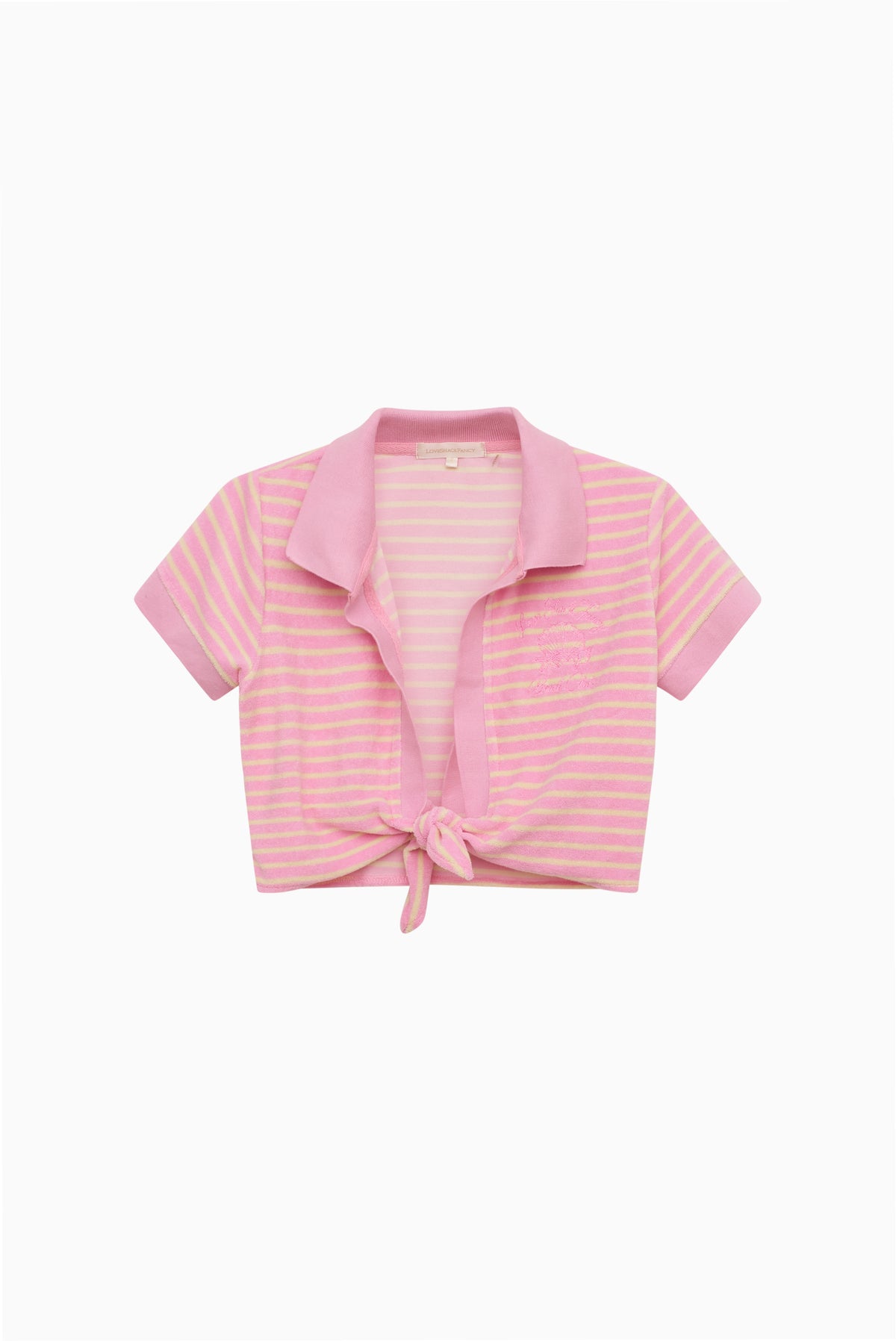 Pink striped cropped terry polo with collar and short sleeves, front tie