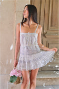 Floral lace mini dress in light blue and white, back view with thin shoulder straps