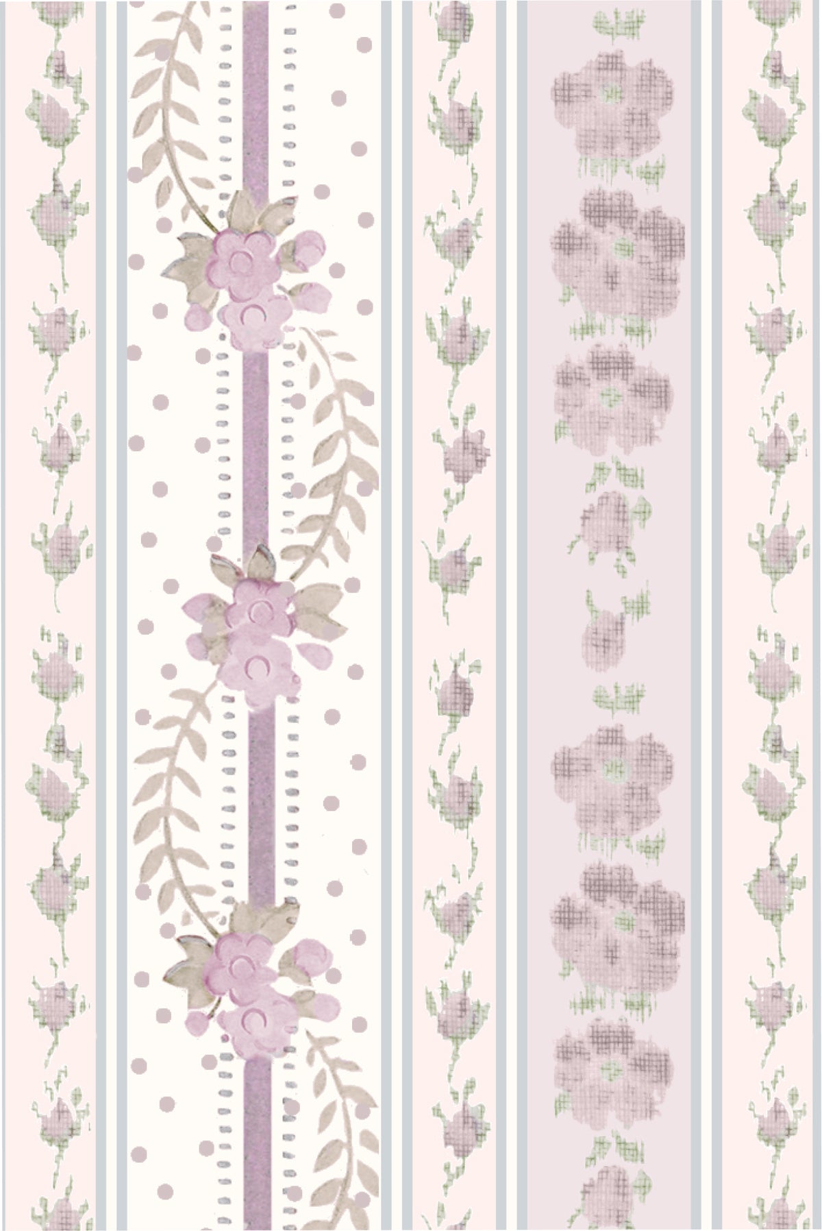 Cotton floral print fabric swatch with mauve-and-white flowers, vines, and dots