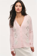 Light pink V-neck wool cardigan with lace argyle panels and button closure