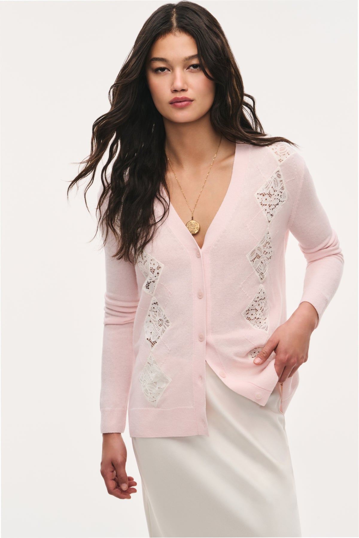 Light pink wool cardigan with lace-trim diamond panels, button front, long sleeves