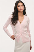 Light pink V-neck wool cardigan with lace argyle detailing on front and cuffs