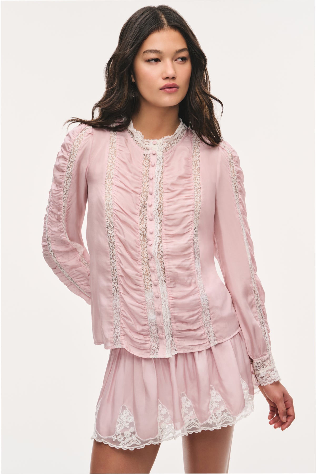 Pink silk lace blouse with vertical lace stripes and gathered front, long sleeves