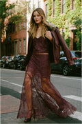 Faded merlot lace maxi skirt with draped sheer overlay and scalloped hem