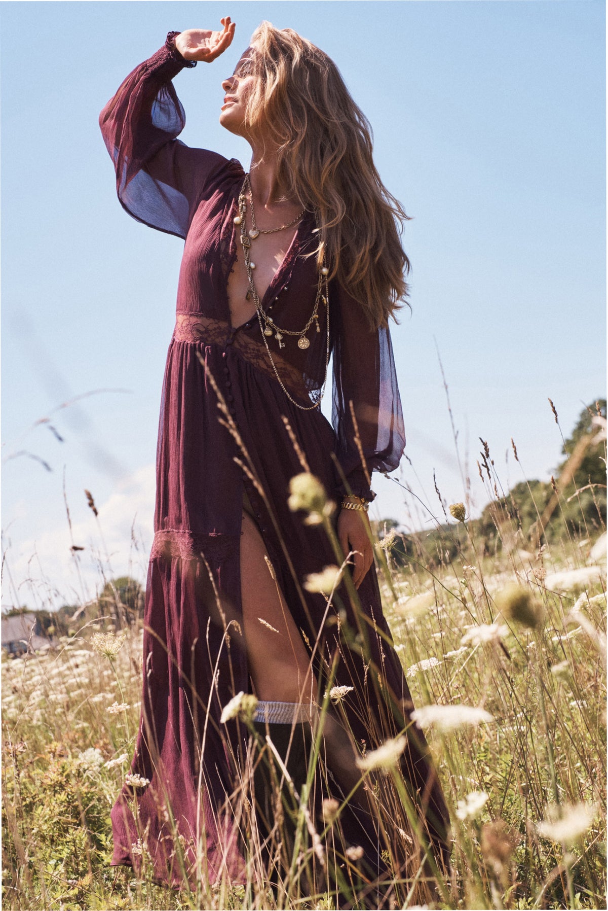 Faded merlot sheer maxi dress with lace V-neck and tiered hem, billowy long sleeves