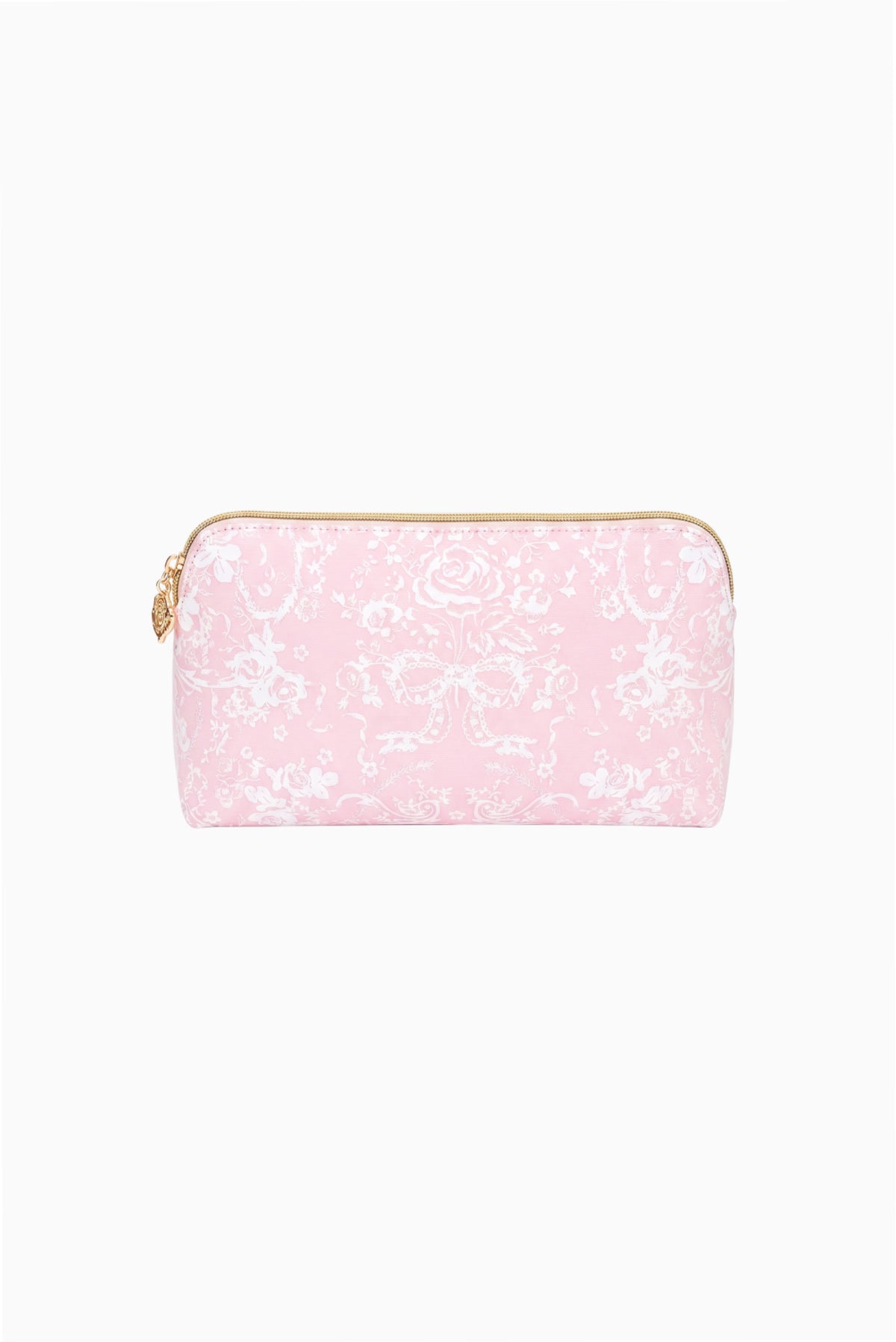 Small travel pouch with pink toile print, zip closure, and rounded top edges