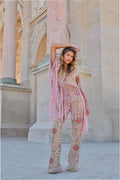 Embroidered wide-leg pants with pink floral print and flared legs