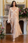 Floral print silk slip dress with lace trim, bow V-neck, long layered chiffon skirt