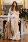 Ryana pearl-embroidered mesh maxi skirt, light beige with allover lace-like detail