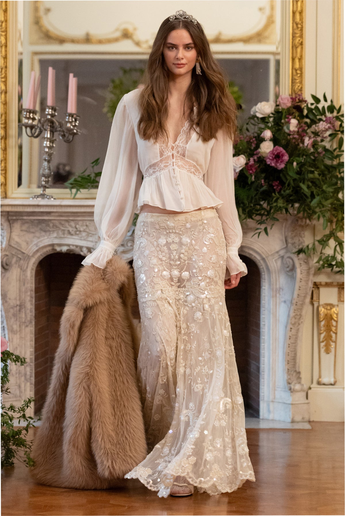 Ryana pearl-embroidered mesh maxi skirt, light beige with allover lace-like detail
