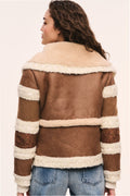 Shearling-style coat with striped sleeves, cream trim and brown back panel