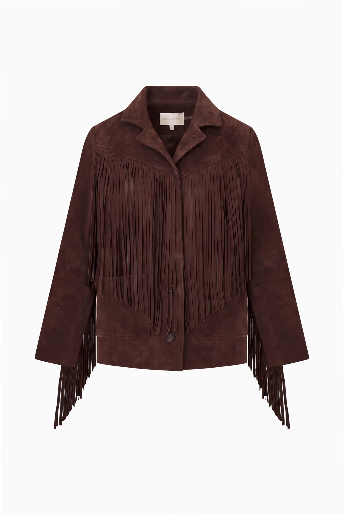 Chocolate suede fringe jacket with point collar and sleeve fringe, button front, detail view