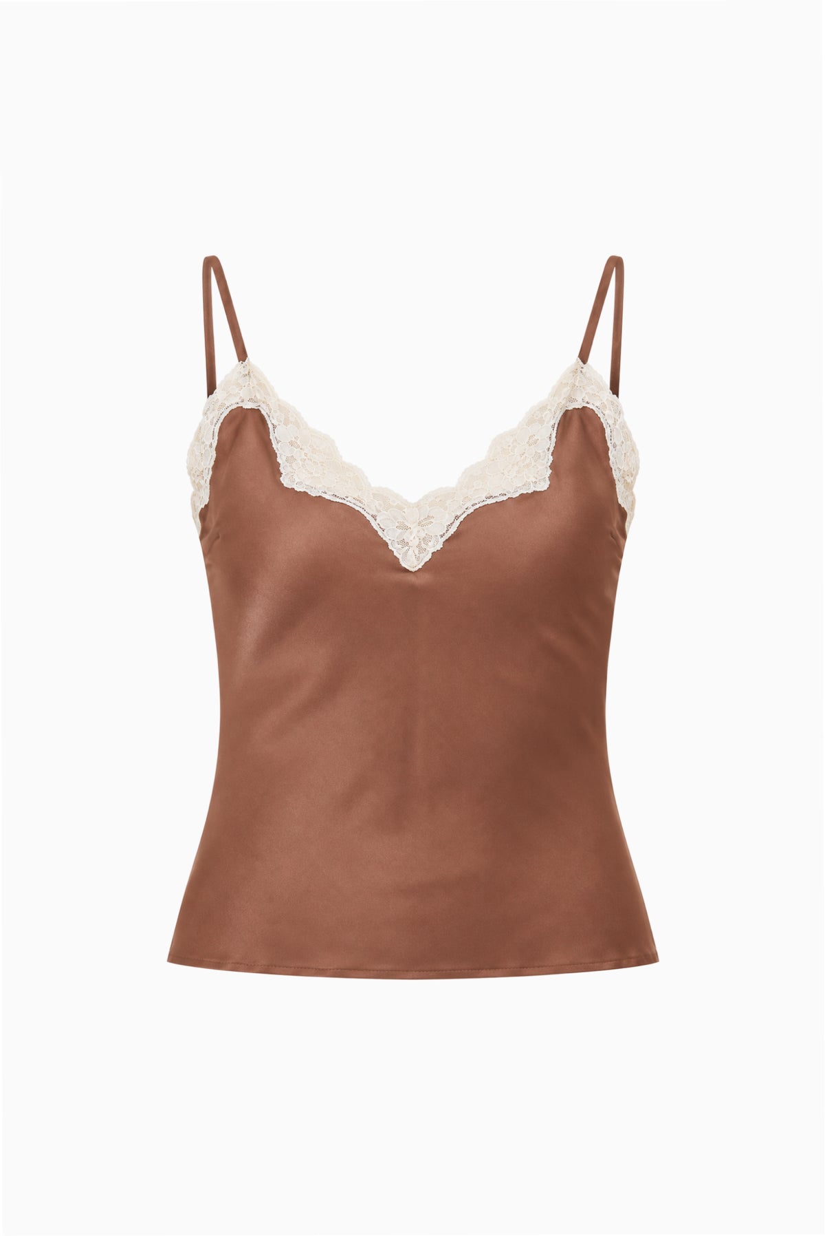 Mocha satin camisole top with cream scalloped lace V-neck and spaghetti straps