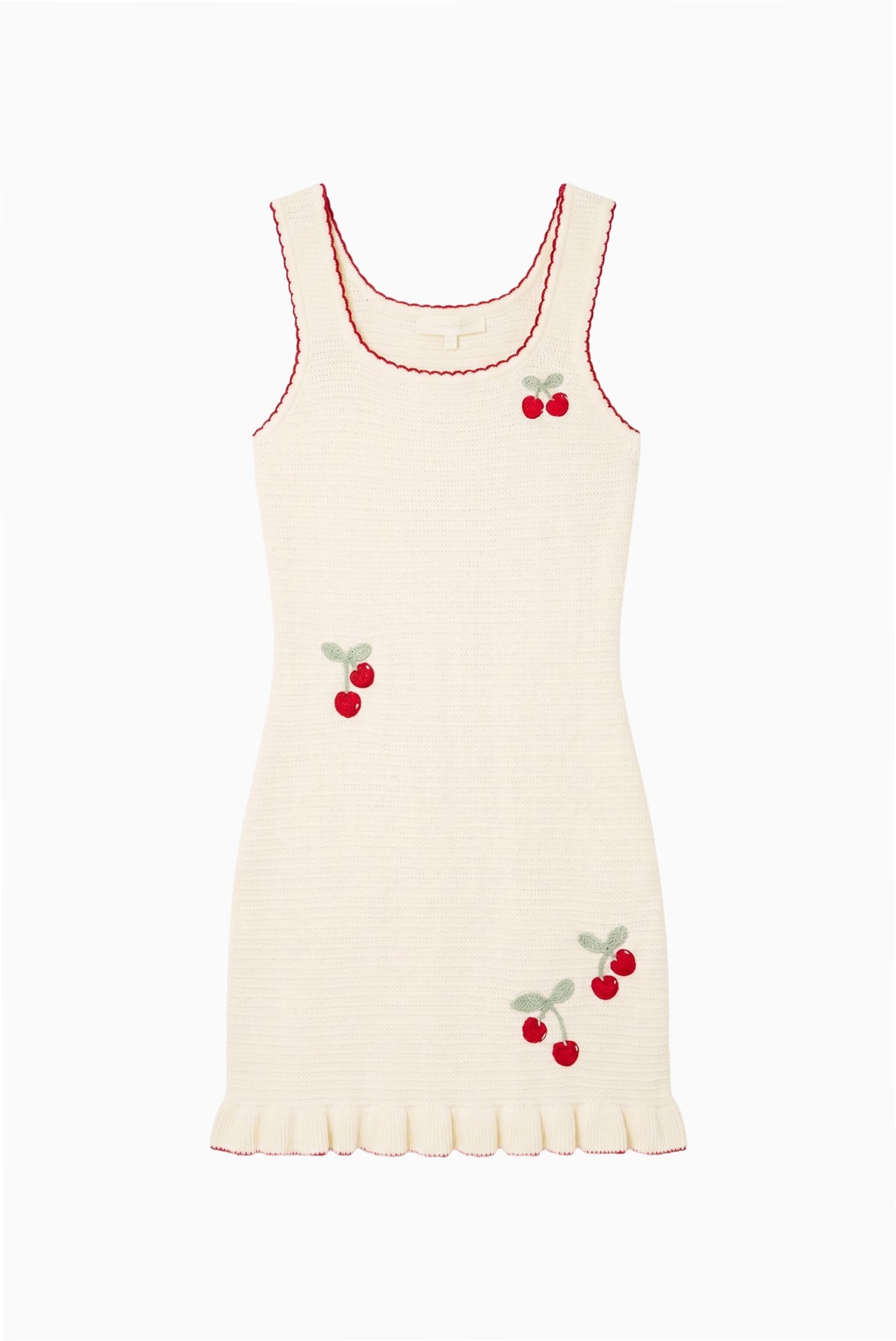 Kids sleeveless cream dress with red cherry prints and ribbed texture, ruffle hem