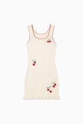 Girls cherry dress, sleeveless scoop neck, cream knit with red cherry print and hem trim