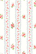 Cherry stripe swimsuit fabric closeup with red cherries and small flowers