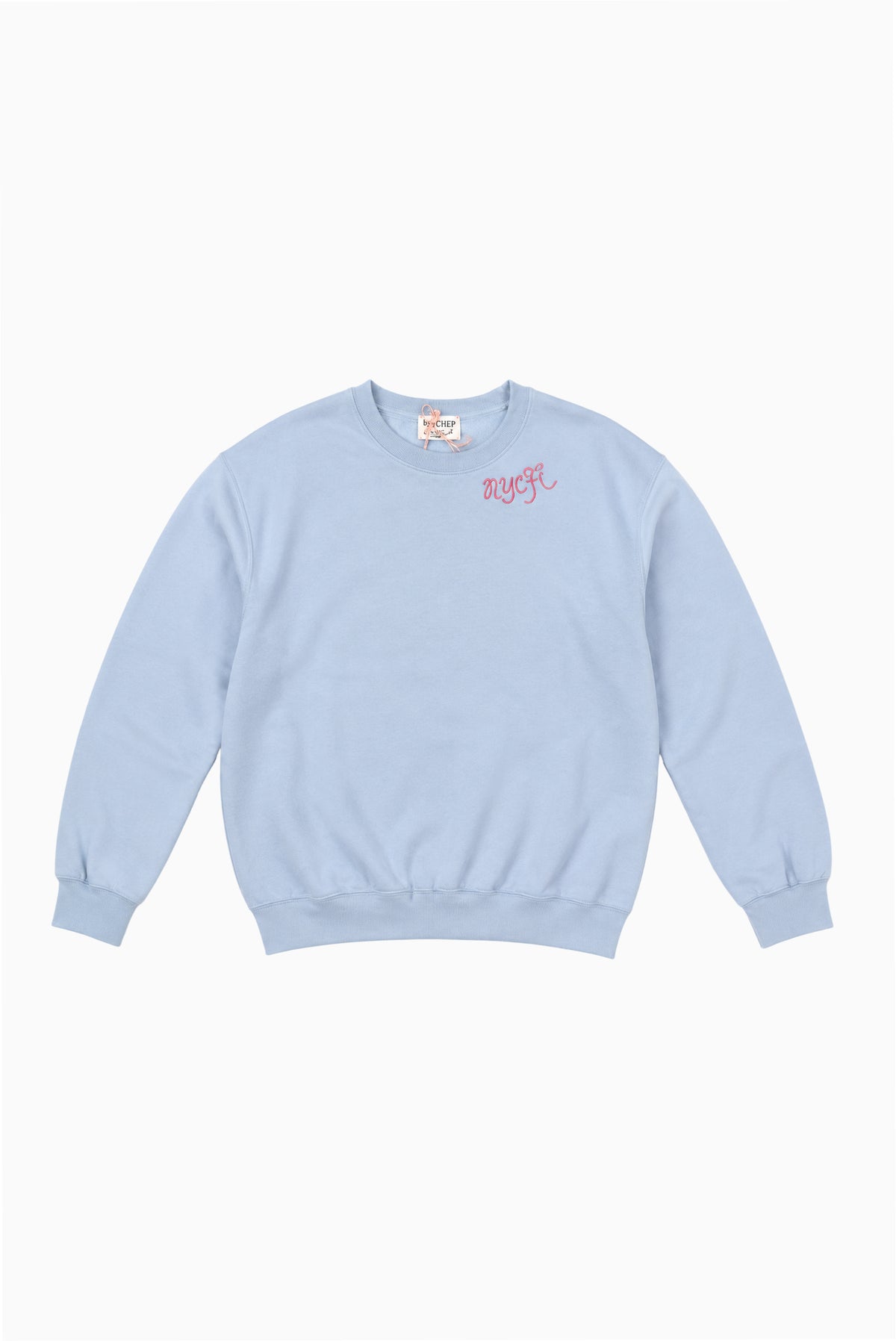 Light blue embroidered crewneck pullover sweatshirt with long sleeves