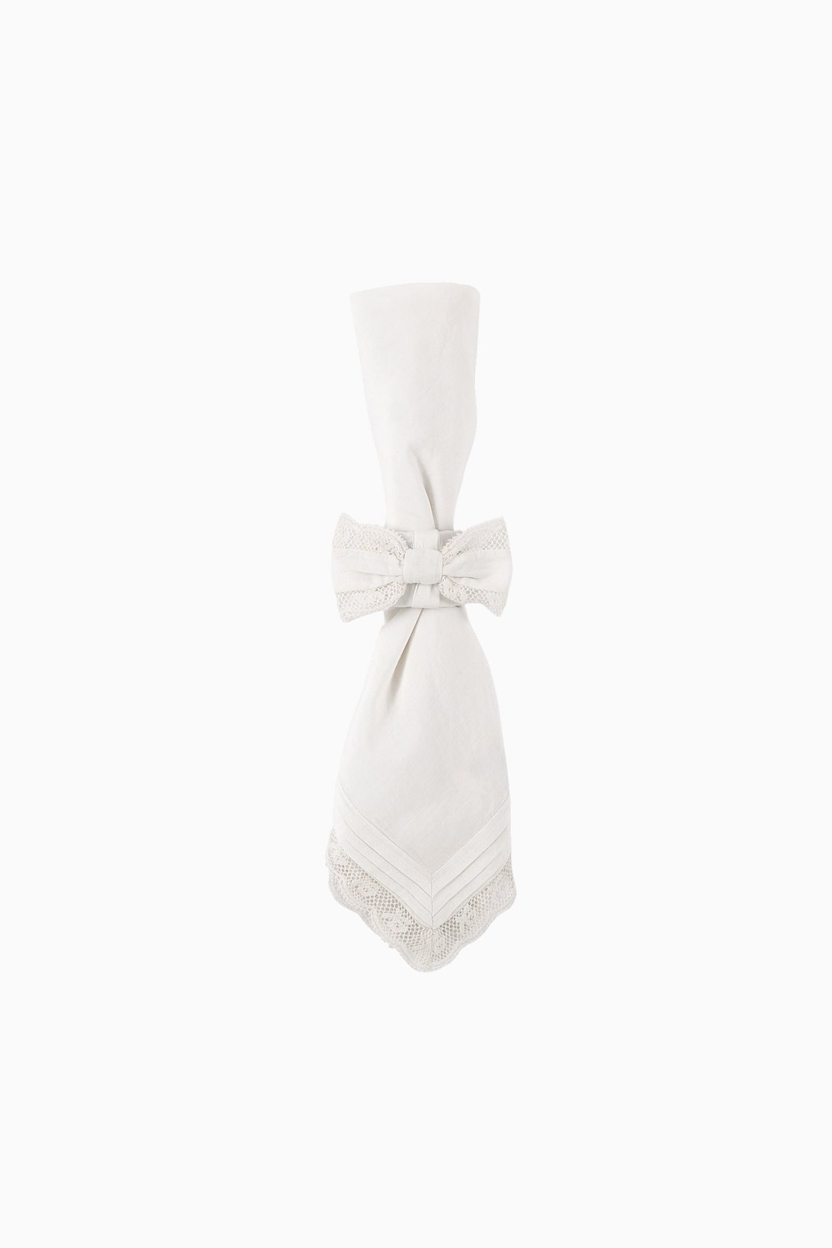 White cloth napkin with bow tie and lace-edged hem, neatly folded