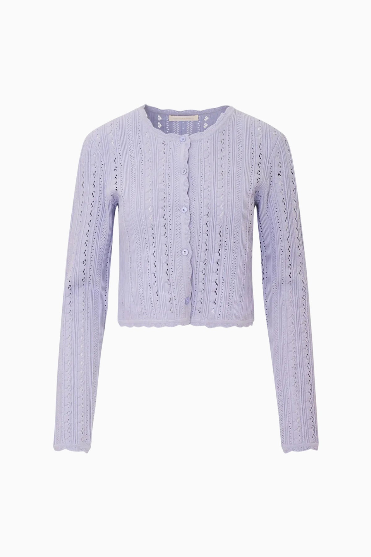 Light lavender pointelle cardigan, long sleeves and button front, flat lay