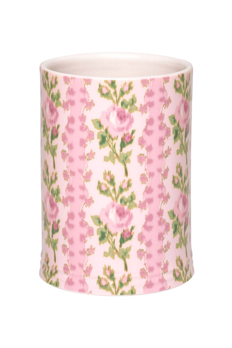Junette porcelain tumbler with pink floral print and white interior rim