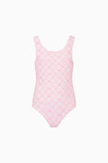 Girls Aldora one-piece swimsuit, pink mesh-style lattice print, sleeveless