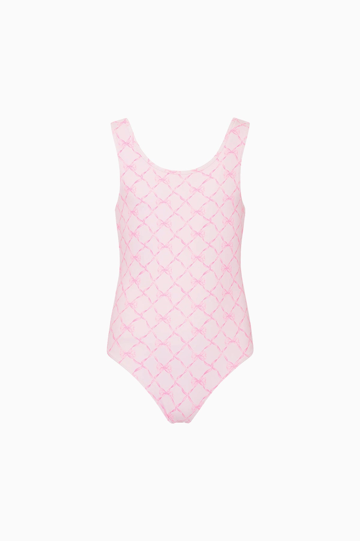 Girls Aldora one-piece swimsuit, pink mesh-style lattice print, sleeveless